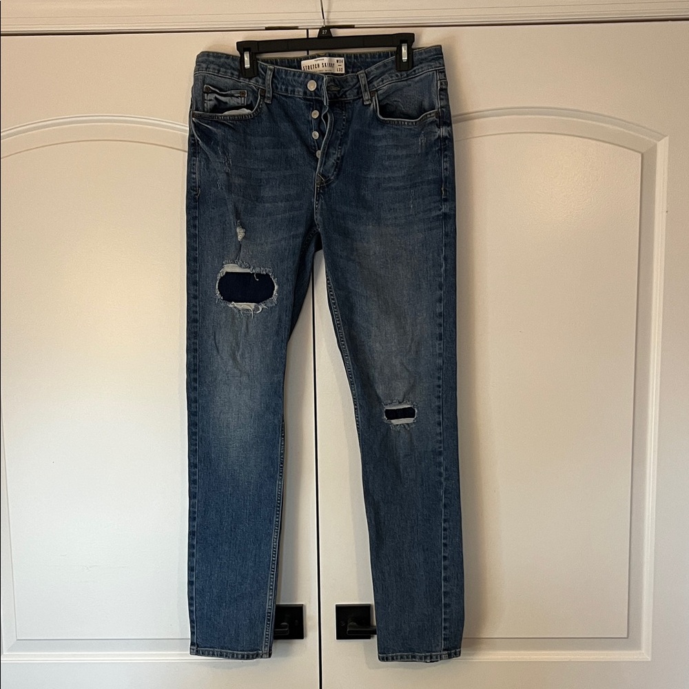 Topman Relaxed Fit Blue Jeans with Distressed Details